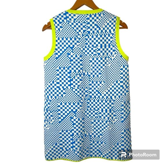 Zara Blue White Checker Print Neon Trim Knit Mod Sleeveless Mini Dress Size S - Picture 5 of 8